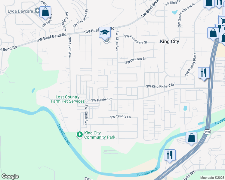 map of restaurants, bars, coffee shops, grocery stores, and more near 16849 Southwest 131st Avenue in King City