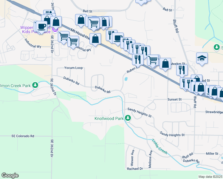 map of restaurants, bars, coffee shops, grocery stores, and more near 37057 Dubarko Road in Sandy