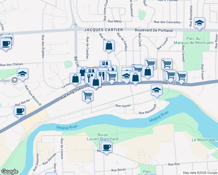 map of restaurants, bars, coffee shops, grocery stores, and more near 2650 Rue King Ouest in Sherbrooke