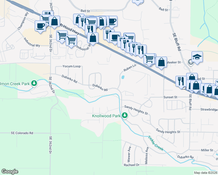 map of restaurants, bars, coffee shops, grocery stores, and more near 37057 Dubarko Road in Sandy