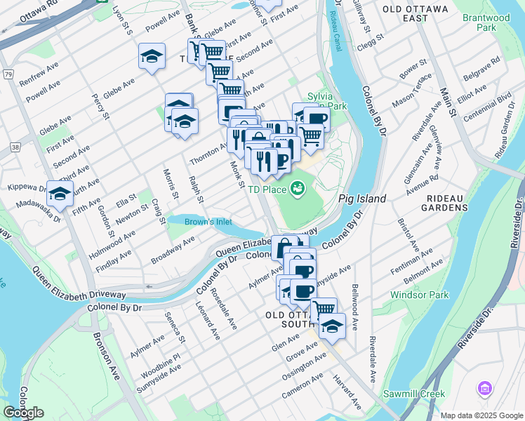 map of restaurants, bars, coffee shops, grocery stores, and more near 1014 Bank Street in Ottawa