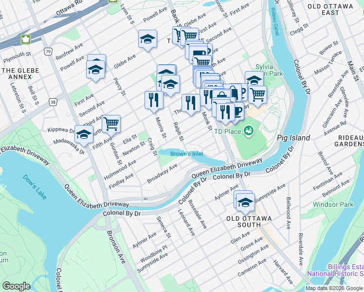 map of restaurants, bars, coffee shops, grocery stores, and more near 90 Ralph Street in Ottawa