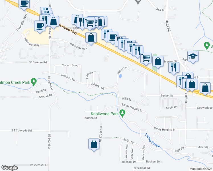 map of restaurants, bars, coffee shops, grocery stores, and more near 37053 Dubarko Road in Sandy