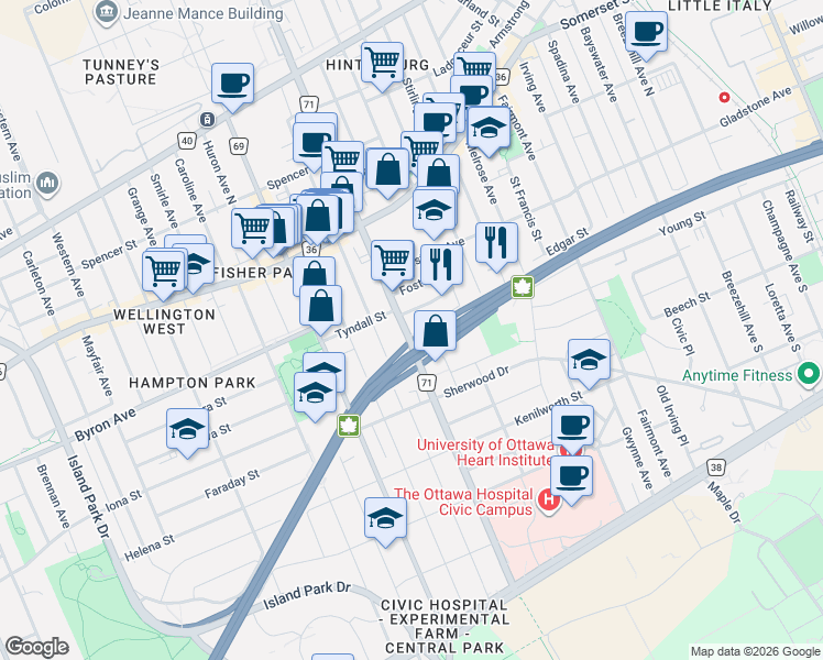 map of restaurants, bars, coffee shops, grocery stores, and more near 491 Parkdale Avenue in Ottawa