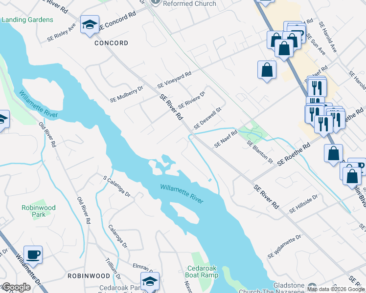 map of restaurants, bars, coffee shops, grocery stores, and more near 17360 Southeast Walta Vista Drive in Milwaukie