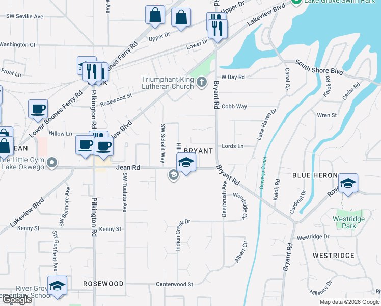 map of restaurants, bars, coffee shops, grocery stores, and more near 4711 Jean Road in Lake Oswego