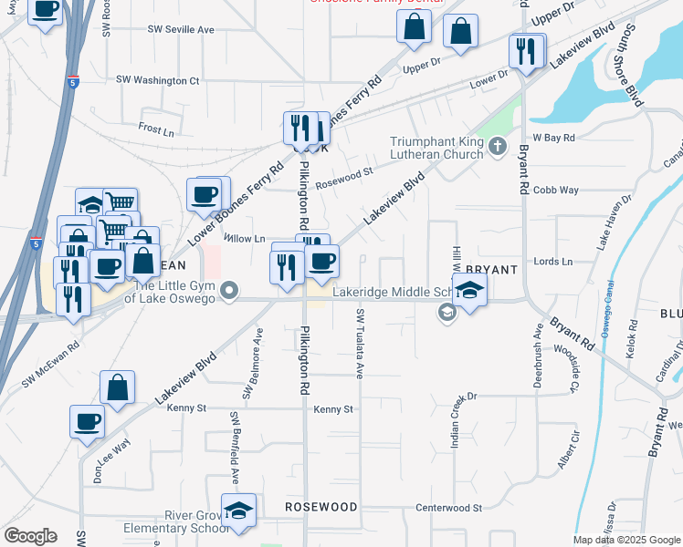 map of restaurants, bars, coffee shops, grocery stores, and more near 5225 Jean Road in Lake Oswego