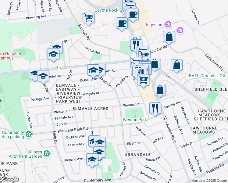 map of restaurants, bars, coffee shops, grocery stores, and more near 895 Chapman Boulevard in Ottawa