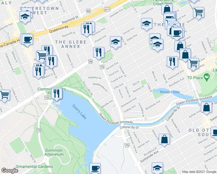 map of restaurants, bars, coffee shops, grocery stores, and more near in Ottawa