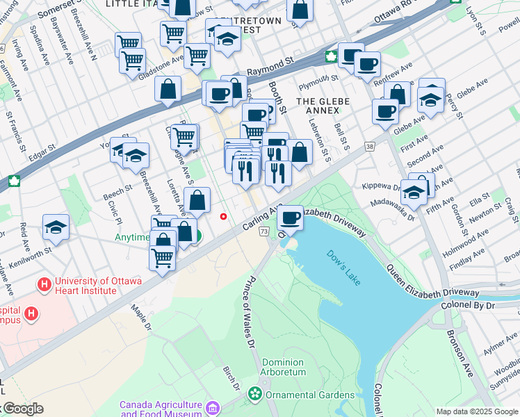 map of restaurants, bars, coffee shops, grocery stores, and more near in Ottawa