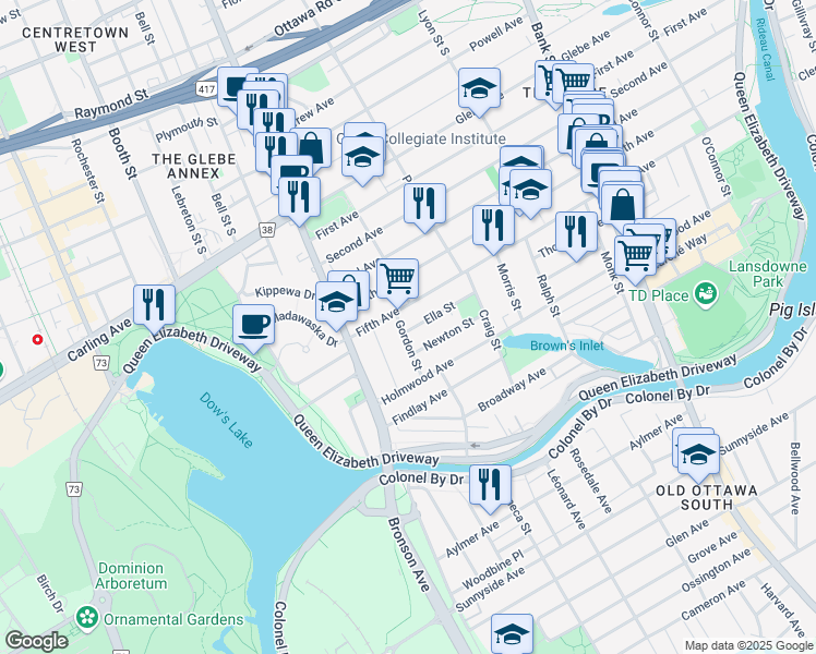 map of restaurants, bars, coffee shops, grocery stores, and more near 13 Gordon Street in Ottawa