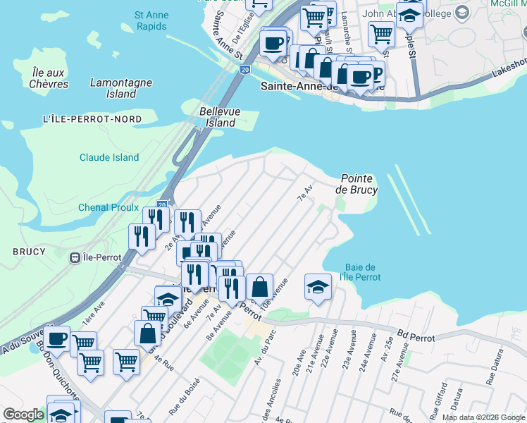 map of restaurants, bars, coffee shops, grocery stores, and more near 68 6e Avenue in L'Ã�Le-Perrot
