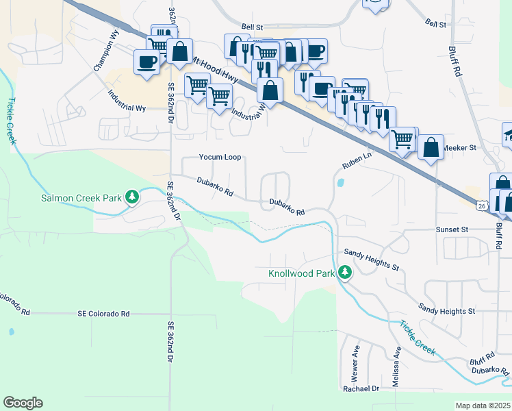 map of restaurants, bars, coffee shops, grocery stores, and more near 36740 Double Creek Drive in Sandy