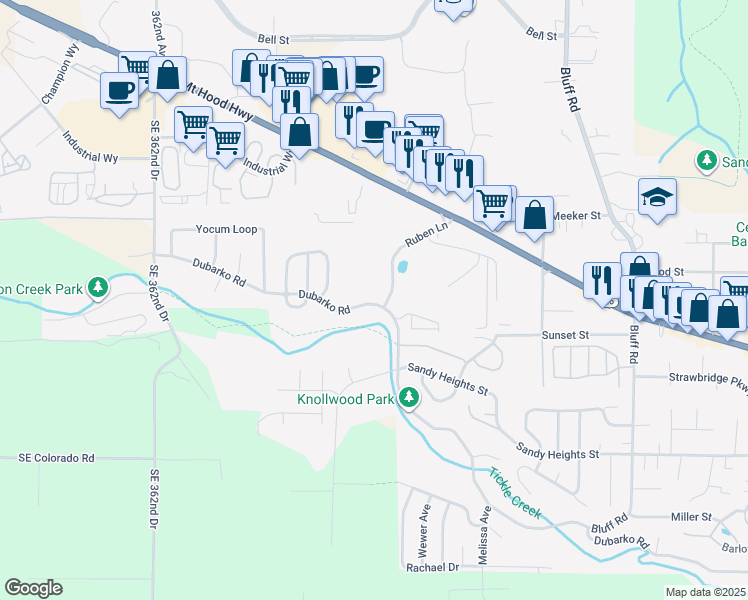 map of restaurants, bars, coffee shops, grocery stores, and more near 17357 Ruben Lane in Sandy