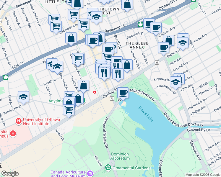 map of restaurants, bars, coffee shops, grocery stores, and more near 805 Carling Avenue in Ottawa