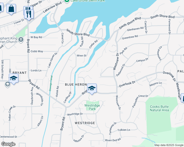map of restaurants, bars, coffee shops, grocery stores, and more near 17690 Blue Heron Road in Lake Oswego