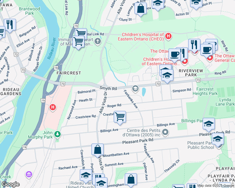 map of restaurants, bars, coffee shops, grocery stores, and more near 248 Faircrest Road in Ottawa