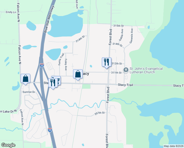 map of restaurants, bars, coffee shops, grocery stores, and more near 5880 Stacy Trail in Stacy