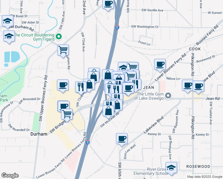 map of restaurants, bars, coffee shops, grocery stores, and more near 16825 SW 65th Ave in Lake Oswego