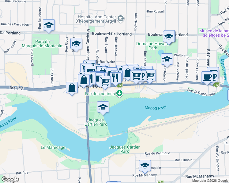 map of restaurants, bars, coffee shops, grocery stores, and more near 1605 Rue Marcil in Sherbrooke