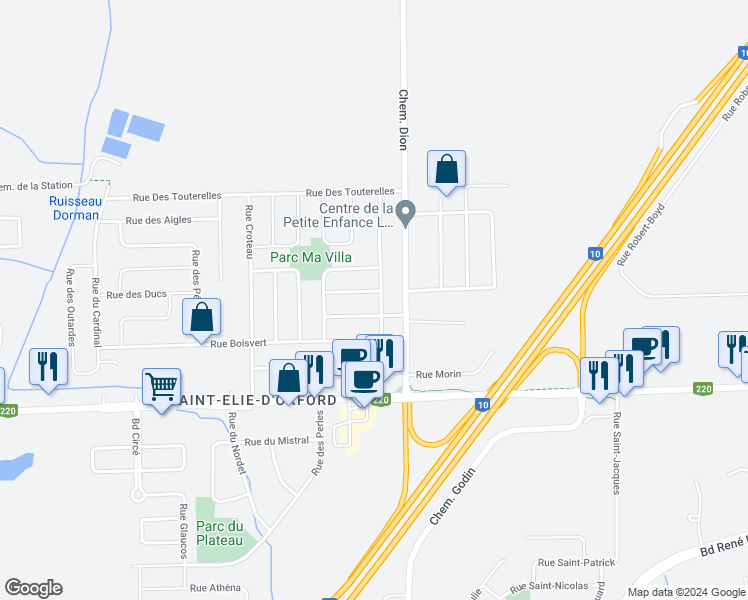 map of restaurants, bars, coffee shops, grocery stores, and more near 131 Rue des Rossignols in Sherbrooke