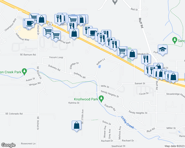 map of restaurants, bars, coffee shops, grocery stores, and more near 17335 Ruben Lane in Sandy