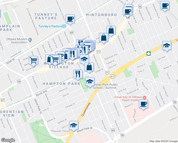 map of restaurants, bars, coffee shops, grocery stores, and more near 175 Holland Avenue in Ottawa