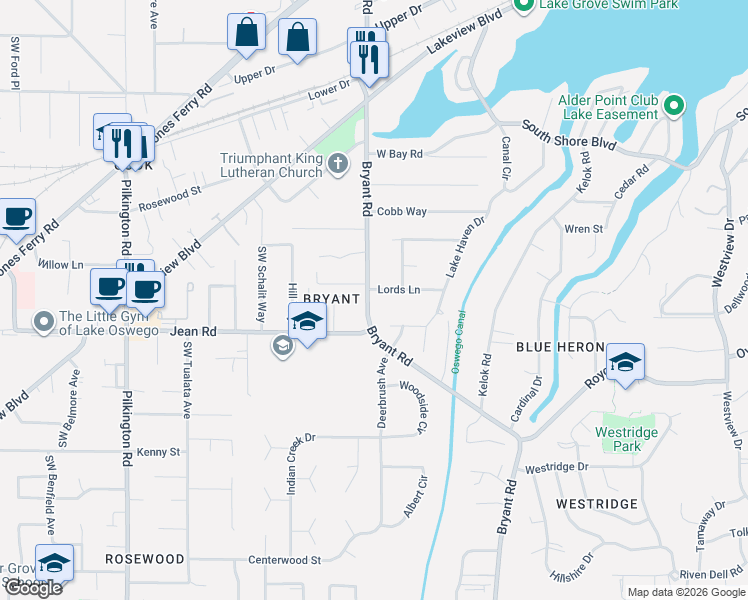 map of restaurants, bars, coffee shops, grocery stores, and more near 4460 Lords Lane in Lake Oswego