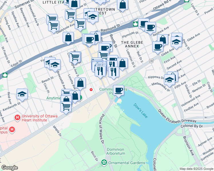 map of restaurants, bars, coffee shops, grocery stores, and more near 805 Carling Avenue in Ottawa