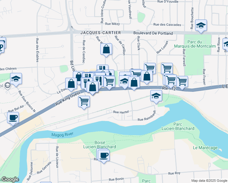 map of restaurants, bars, coffee shops, grocery stores, and more near 2600 Rue King Ouest in Sherbrooke