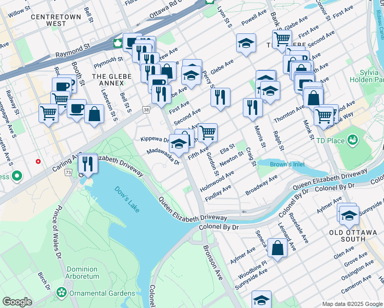 map of restaurants, bars, coffee shops, grocery stores, and more near in Ottawa