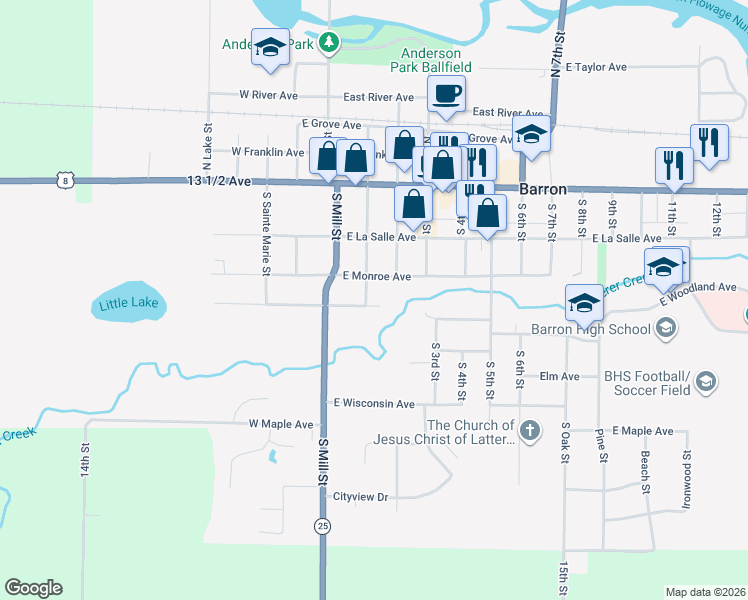 map of restaurants, bars, coffee shops, grocery stores, and more near 42 East Euclid Avenue in Barron