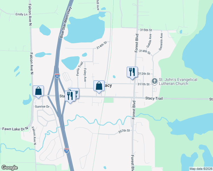 map of restaurants, bars, coffee shops, grocery stores, and more near 31320 Prairie Court in Stacy