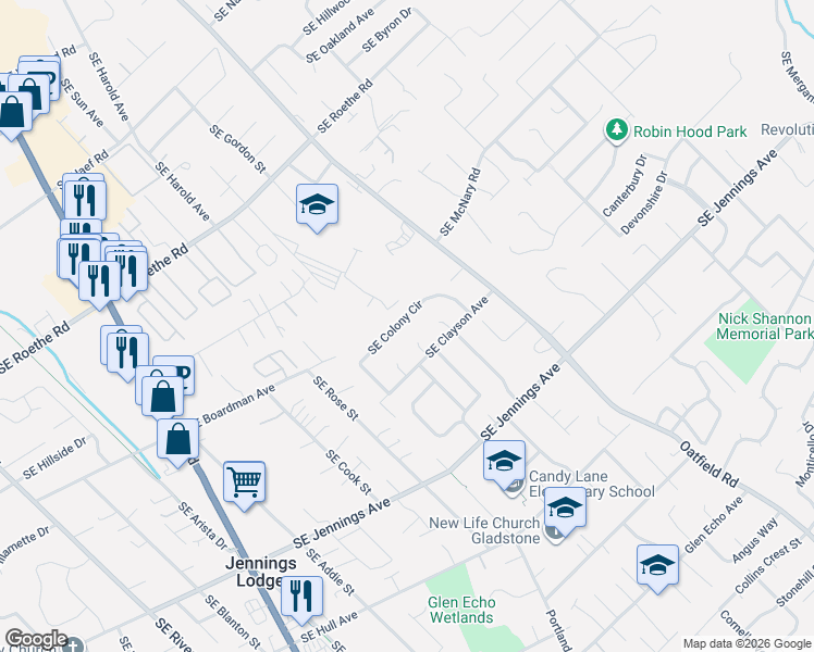 map of restaurants, bars, coffee shops, grocery stores, and more near 5520 Southeast Colony Circle in Milwaukie