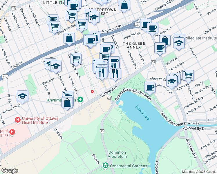 map of restaurants, bars, coffee shops, grocery stores, and more near in Ottawa