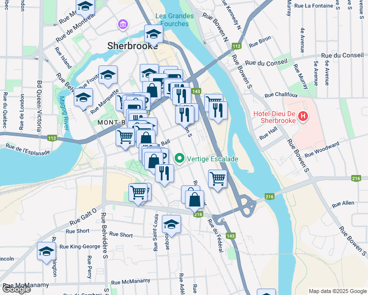 map of restaurants, bars, coffee shops, grocery stores, and more near 206 Rue Laurier in Sherbrooke