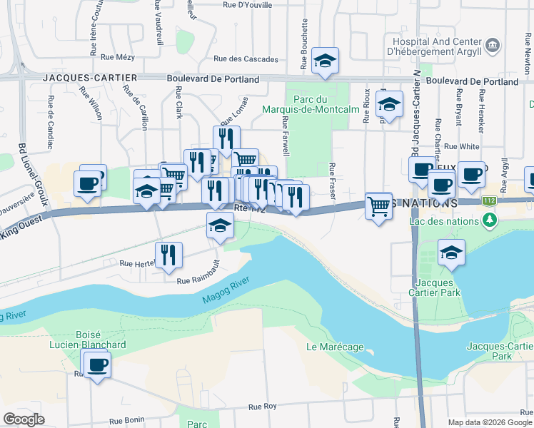 map of restaurants, bars, coffee shops, grocery stores, and more near 2244 Québec 112 in Sherbrooke