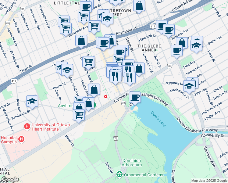 map of restaurants, bars, coffee shops, grocery stores, and more near 7 Sidney Street in Ottawa