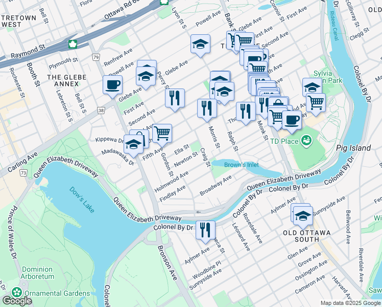 map of restaurants, bars, coffee shops, grocery stores, and more near 17 Newton Street in Ottawa