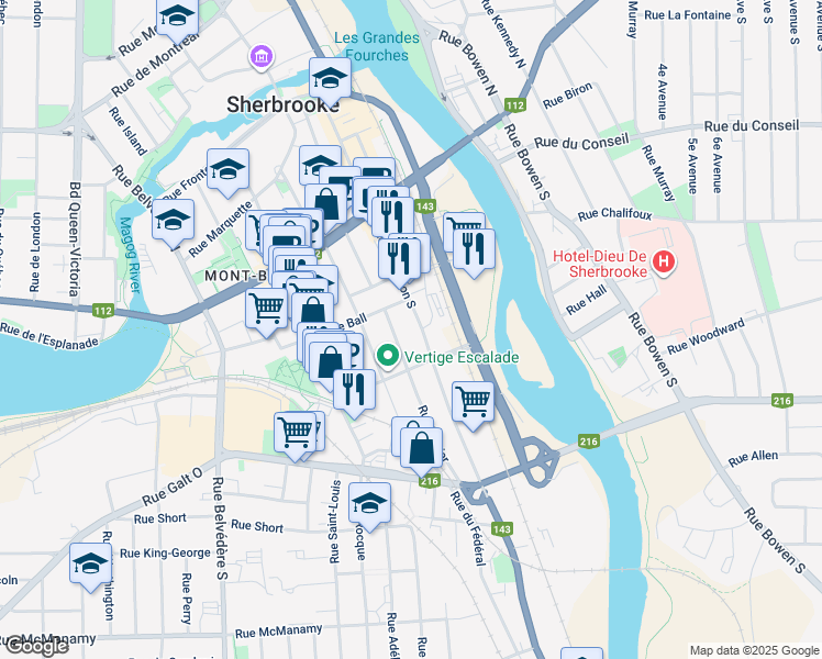 map of restaurants, bars, coffee shops, grocery stores, and more near 205 Rue Wellington Sud in Sherbrooke