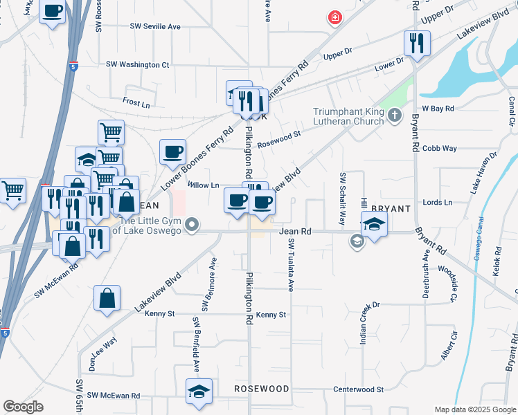 map of restaurants, bars, coffee shops, grocery stores, and more near 17788 Pilkington Road in Lake Oswego