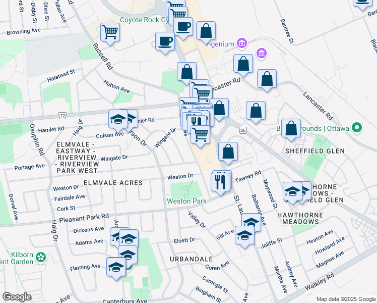 map of restaurants, bars, coffee shops, grocery stores, and more near 2029 Olympia Crescent in Ottawa