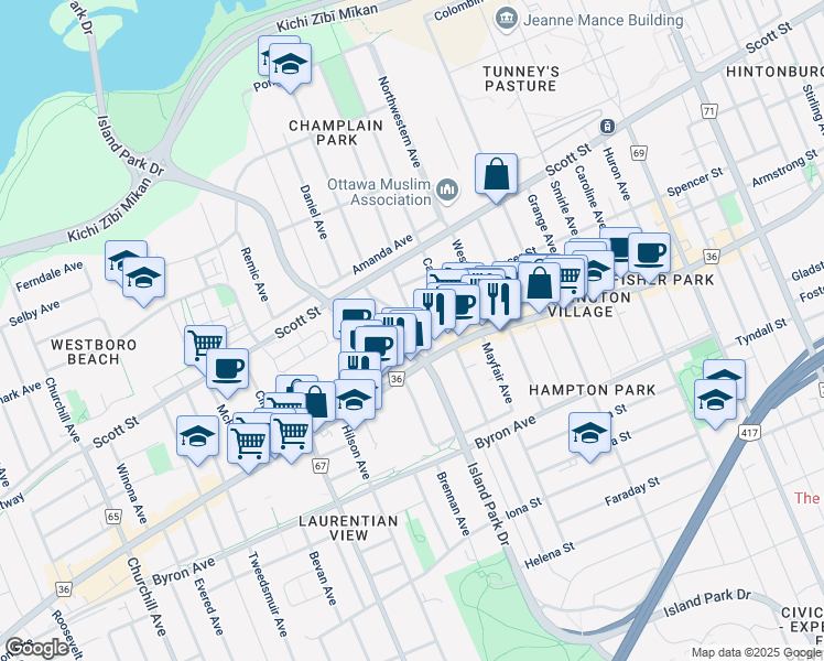 map of restaurants, bars, coffee shops, grocery stores, and more near in Ottawa