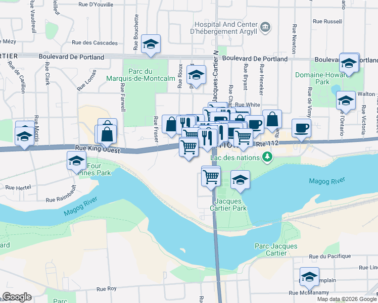 map of restaurants, bars, coffee shops, grocery stores, and more near 1920 Rue King Ouest in Sherbrooke