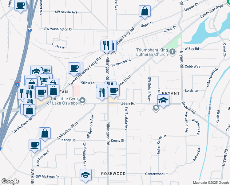 map of restaurants, bars, coffee shops, grocery stores, and more near 5380 Lakeview Boulevard in Lake Oswego