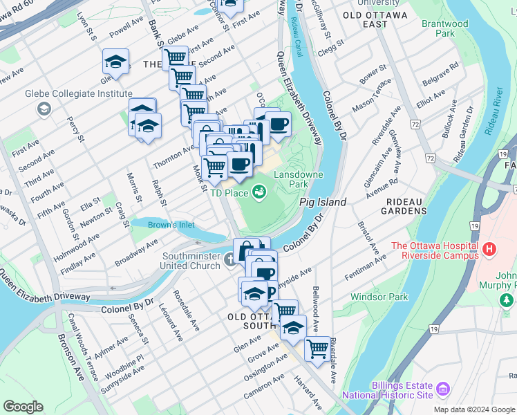 map of restaurants, bars, coffee shops, grocery stores, and more near 1015 Bank Street in Ottawa