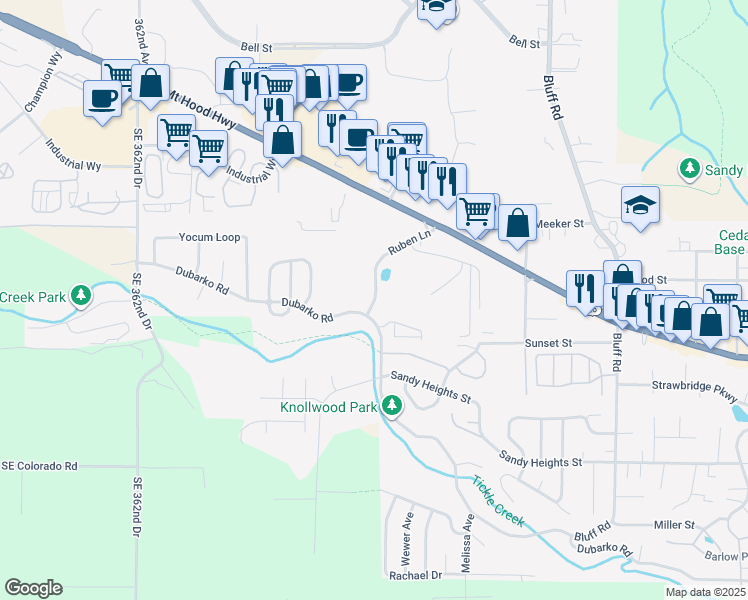 map of restaurants, bars, coffee shops, grocery stores, and more near 17357 Ruben Lane in Sandy