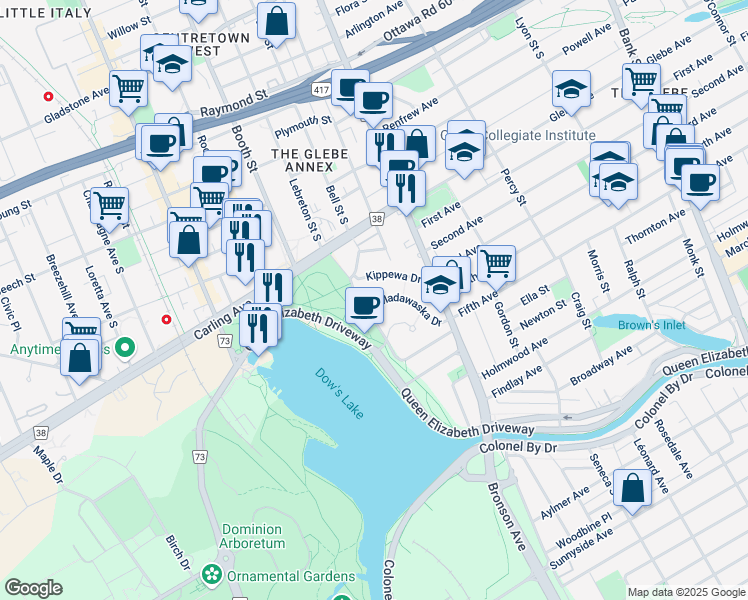map of restaurants, bars, coffee shops, grocery stores, and more near 37 Madawaska Drive in Ottawa
