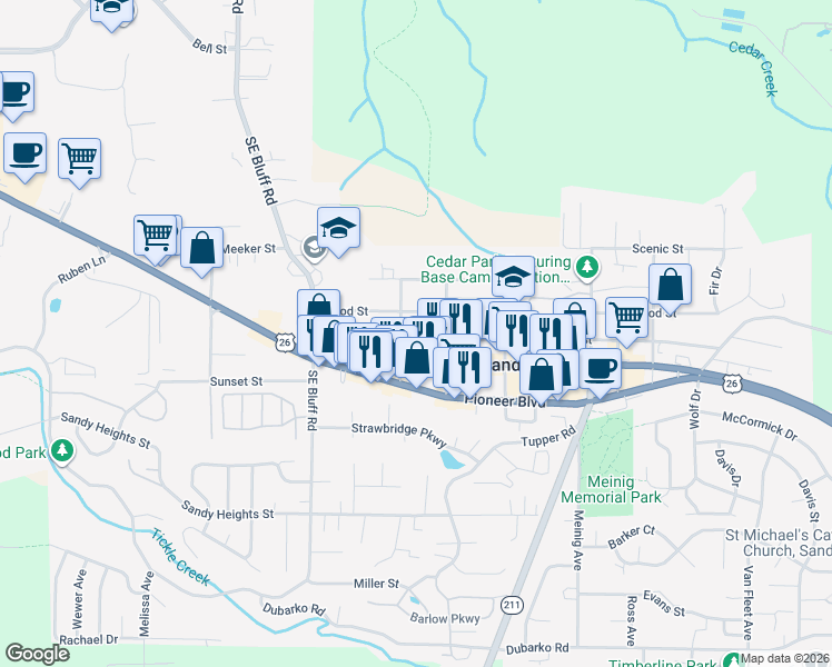 map of restaurants, bars, coffee shops, grocery stores, and more near 38555 Proctor Boulevard in Sandy