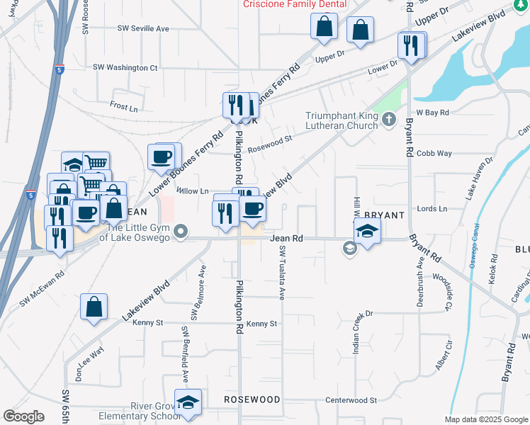 map of restaurants, bars, coffee shops, grocery stores, and more near 5380 Lakeview Boulevard in Lake Oswego